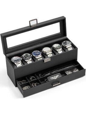 Stylish 6-Slot Watch Box for Men, 2-Layer Organizer with Glass Lid, Black